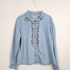 VTG‎ Classic Elements XL Greenery Embroidery Denim Top 100% cotton Grandma core